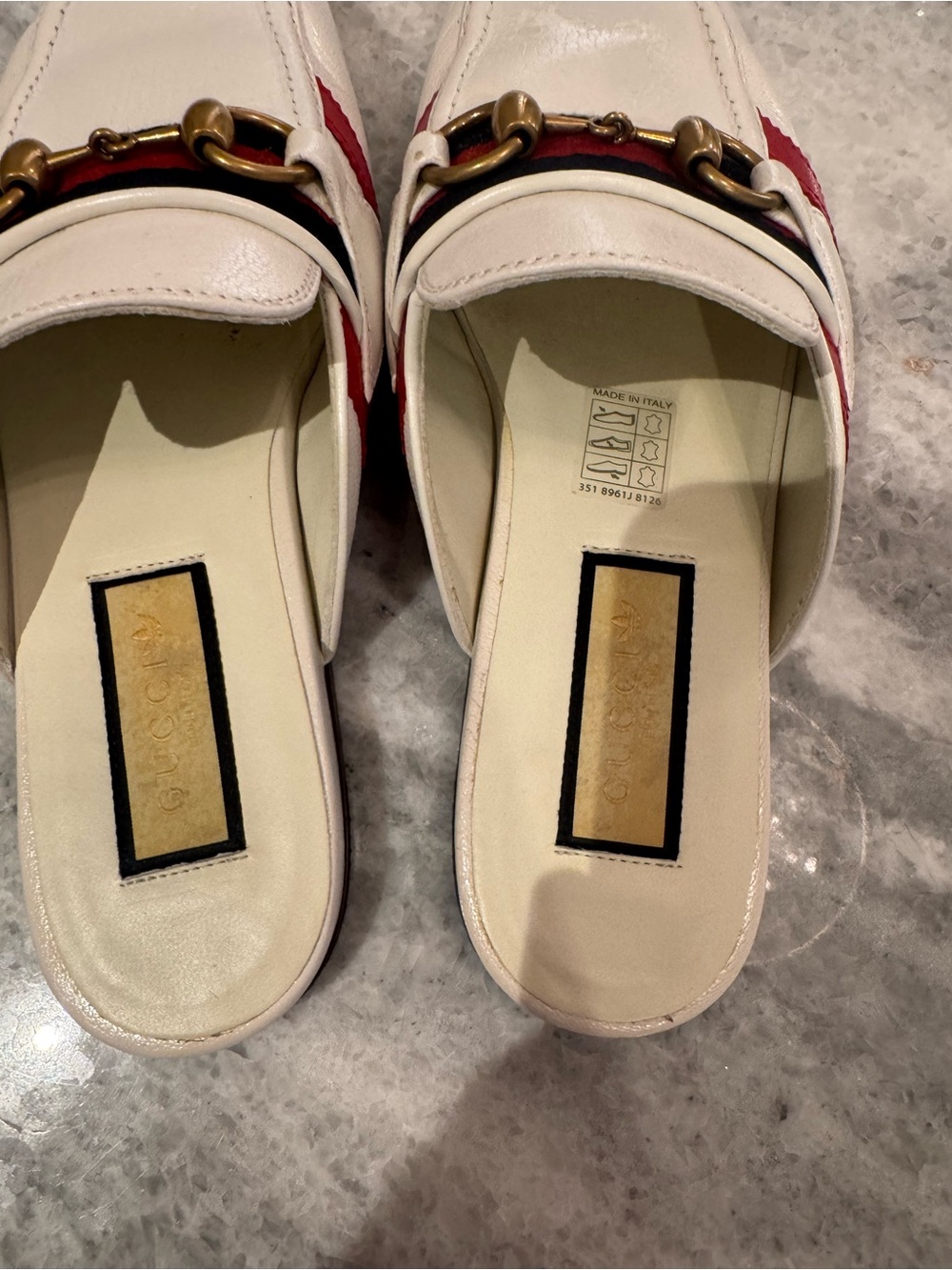 Gucci White Leather Horsebit Mule Loafers with Red & Navy Stripes - Picture 4 of 8